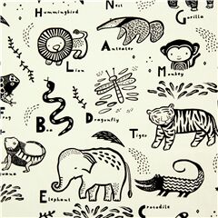 tessuto bianco alfabeto animali neri illustrati Tessuto di Dear Stella