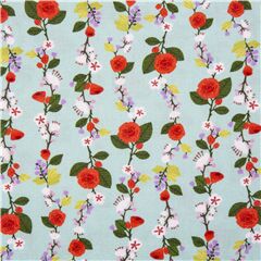 tessuto blu fiori rose rosse foglie in fila Tessuto di Michael Miller
