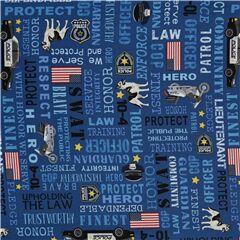 Tela azul polic�a EE. UU. coche perro placa texto Tela de Timeless Treasures