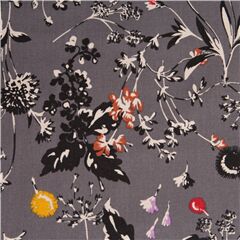 Tela gris de viyela de algod�n con flores silvestres y hojas de Jap�n Tela de Japanese Indie