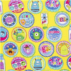 tessuto cotone giallo bottiglie tappi colorati mostri stile illustrato Tessuto di Japanese Indie