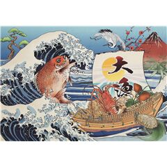 Tela algod�n japonesa panel tradicional mar olas azules pescado Tela de Japanese Indie