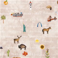 tela de algod�n beis con iconos y texto nombre estados EE. UU. Tela de Michael Miller