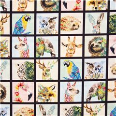 Riquadri Multicolori Con Ritratti Di Animali E Fiori Tessuto di Michael Miller