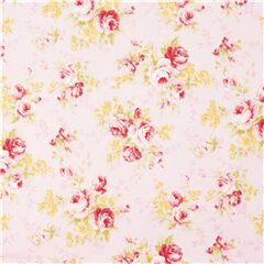 Tela oxford rosa claro con lluvia de ramos de rosas y flores amarillas de Jap�n Tela de Japanese Indie