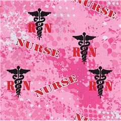 Tela algod�n rosa manchas lunares blancos Nurse en rojo emblema negro Tela de Sykel Enterprises