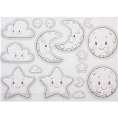 Gran Panel El�stico De Lunas, Estrellas Y Nubes Sonrientes Y Adorables Tela de Stenzo Textiles