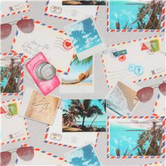 tela retro gris con cartas fotos desordenadas vacaciones tropicales Tela de Stof France