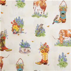 tessuto bianco Texas fiori cowboy stivali Western Tessuto di Robert Kaufman