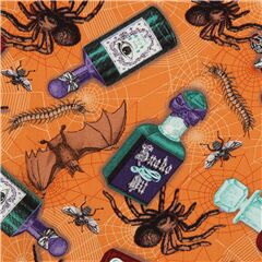 tela naranja de Halloween con pociones insectos ara�as Tela de Timeless Treasures