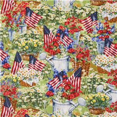 Tela vivero flores bandera EE. UU. regadera jard�n Tela de Timeless Treasures