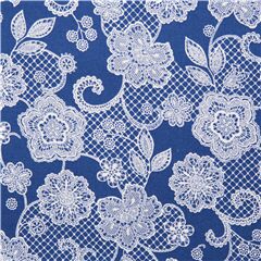 Encaje blanco estampado sobre tela de algod�n azul oscuro de Jap�n Tela de Japanese Indie