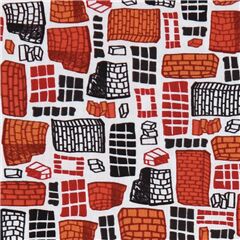 Tela blanca construcci�n muro ladrillo naranja negro Tela de Robert Kaufman