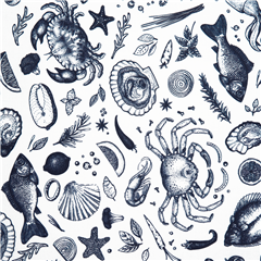 Tessuto bianco molluschi crostacei vegetali granchi marini Tessuto di Robert Kaufman