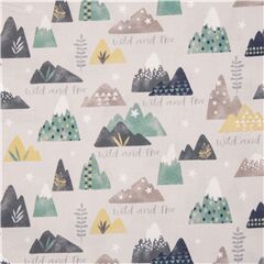 tessuto beige cotone USA montagne stilizzate alberi Tessuto di Michael Miller