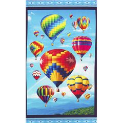 Tela panel multicolor globos aeros�ticos cielo azul marco negro algod�n EE. UU. Tela de Elizabeth's Studio
