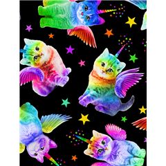 Tela negra con gatos unicornio alados con colores arcoiris de Timeless Treasures Tela de Timeless Treasures