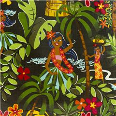 Tessuto laminato nero ragazze hula Hawaii Tessuto di Alexander Henry