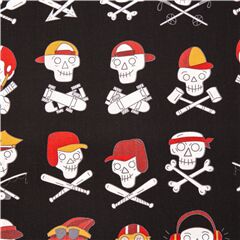 Tela negra de calaveras deportistas con gorras bate pat�n huesos Tela de Alexander Henry
