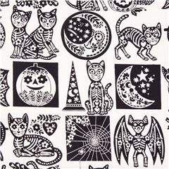 tessuto bianco nero teschi luna gatti zucche stencil USA scheletri Tessuto di Alexander Henry
