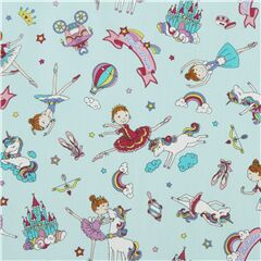 tessuto blu giapponese ballerine unicorni arcobaleni cotone oxford Tessuto di Japanese Indie