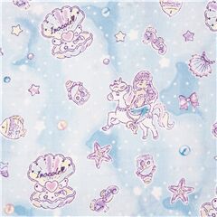 tessuto blu cotone conchiglie stelle unicorni sirene nuvole glitter Tessuto di Japanese Indie