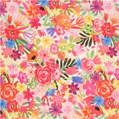 tessuto giapponese colori brillanti fiori foglie verdi in cotone Tessuto di Japanese Indie