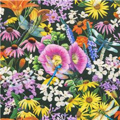 Tela multicolor de algod�n con flores y lib�lulas echinacea Tela de Elizabeth's Studio