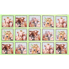 Tela verde con paneles de animales de granja corona de flores Tela de Elizabeth's Studio