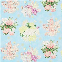 Tela floral azul claro con ramos de flores estilo japon�s y adornos metalizados Tela de Elizabeth's Studio