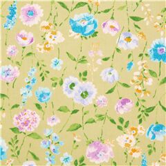Tela de Jap�n grandes y peque�as flores azul rosa amarillo hojas verdes Tela de Cosmo