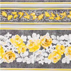 Tela gris de rayas con flores amarillas mariposas en algod�n Tela de Michael Miller