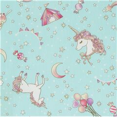 tessuto giapponese celeste circo unicorni palloncini in cotone Tessuto di Japanese Indie