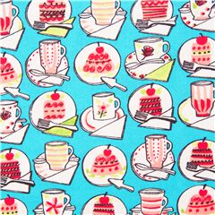 tessuto celeste caff� tazzine torte colorate cotone Tessuto di Michael Miller
