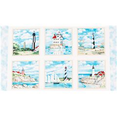 Tela de faros en mar costa panel algod�n playa crema con cielo azul de EE. UU. Tela de Elizabeth's Studio
