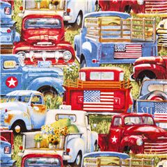 Tela de camionetas pick up azul rojo blanco EE. UU. con banderas y flores Tela de Elizabeth's Studio