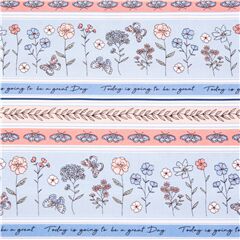 tessuto strisce rosa blu cotone fiori farfalle scritte Tessuto di Michael Miller