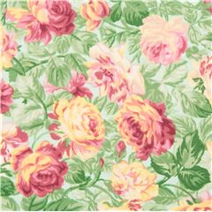 Tela floral japonesa verde menta rosas rojo amarillo rosa grandes hojas verdes Tela de Japanese Indie