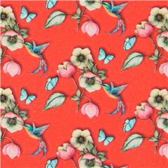 Tela roja de p�jaros con colibr�es y flores Tela de Stof France