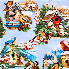 Tela fiestas navide�as algod�n azul invierno con casas de p�jaro cardenal rojo Tela de Elizabeth's Studio