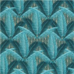 Tela con hojas tropicales pluma azul verdoso Tela de Stof France