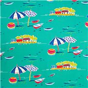 tela oxford gruesa verde con estampado playero