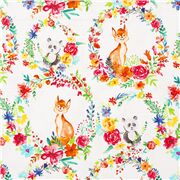 Tela blanca de animales y flores arco&iacute;ris estampado infantil