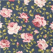 Tela de algod&oacute;n camisera azul con flores rosas de tallos y hojas verdes