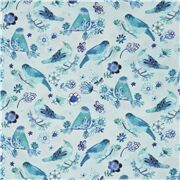 tela algod&oacute;n p&aacute;jaros azules en ramas con flores