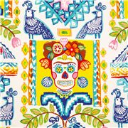 Tela blanca Frida calavera az&uacute;car p&aacute;jaro flores dise&ntilde;o sim&eacute;trico