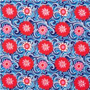 Tela flores gr&aacute;ficas rojas en remolinos azules algod&oacute;n