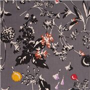 Tela gris de viyela de algod&oacute;n con flores silvestres y hojas de Jap&oacute;n