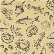 Tela japonesa amarilla con animales marinos peces cangrejos caracolas