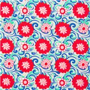 Tela de grandes flores rojo rosa sobre arabescos azul blanco
